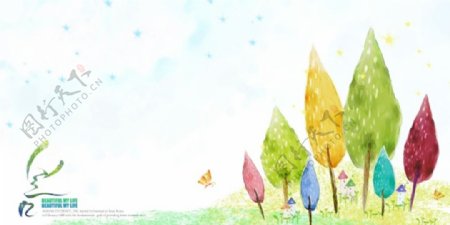 彩色树木插画PSD素材