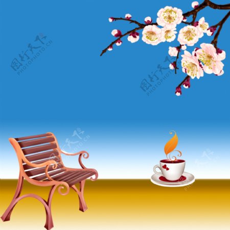 桃花朵朵长椅咖啡休闲插画