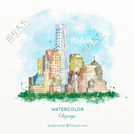 水彩绘城市建筑风景矢量