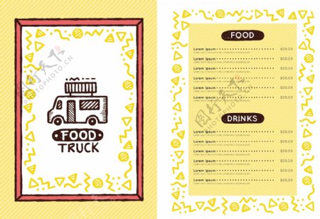 可爱的食物卡车菜单与花卉框架