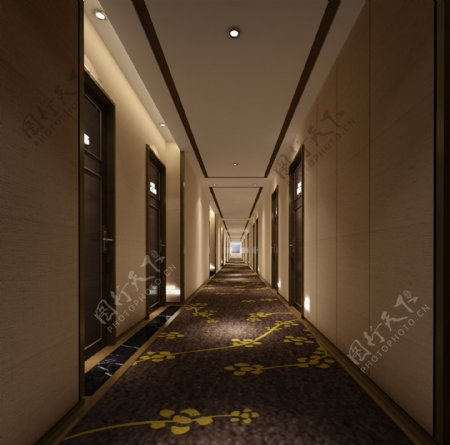 现代时尚酒店走廊黄色花纹地毯工装装修图