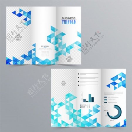 创造性的商业三折叠的小册子和蓝色抽象的几何设计图表元素和空间来增加你的影像