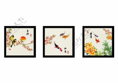 中国风大气水墨喜鹊锦鲤牡丹三联装饰画