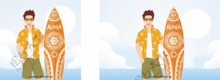 男孩的背景与T恤和冲浪板的夏威夷