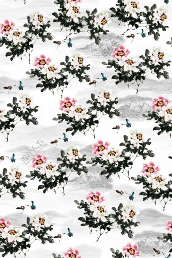 中国风水墨花卉素材无缝背景手绘水墨花卉