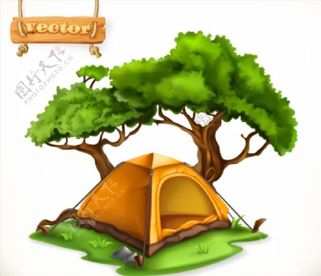 草地上的帐篷和大树矢量素材