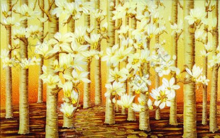 金色玉兰树彩雕玉兰花背景墙