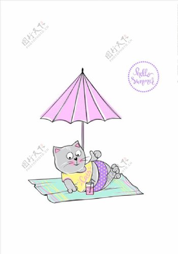 卡通猫遮阳伞度假矢量图下载