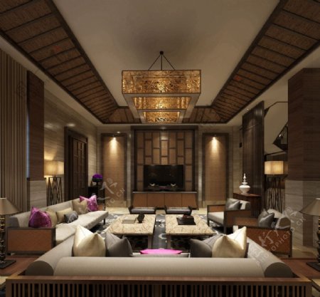 现代时尚金色方形吊灯客厅室内装修效果图