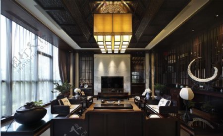 中式典雅深黄色方形吊灯客厅室内装修效果图