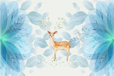 蓝色梦幻花朵小鹿背景