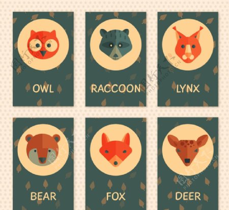 6款可爱动物头像卡片设计矢量图