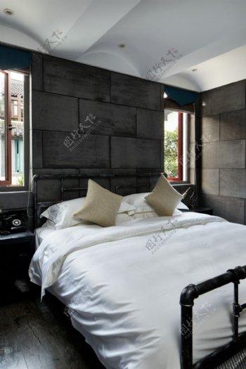 现代时尚冷淡风卧室深色块状背景墙室内装修