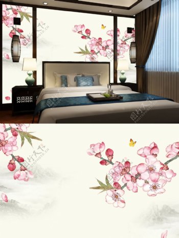 现代简约粉色桃花和彩蝶卧室背景墙