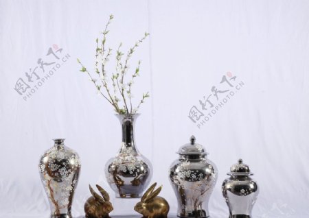 中式陶瓷罐花瓶银色梅花