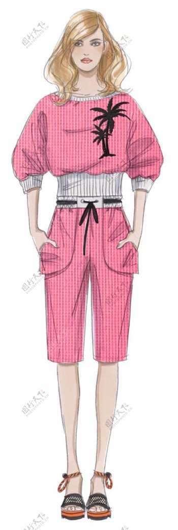 时尚风格粉色连体裤女装效果图