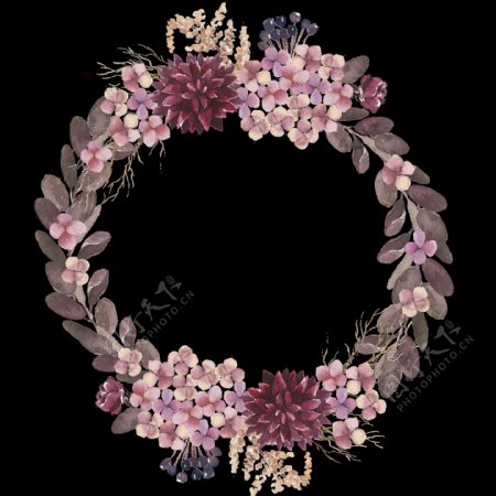 神秘深紫色花朵手绘花环装饰元素
