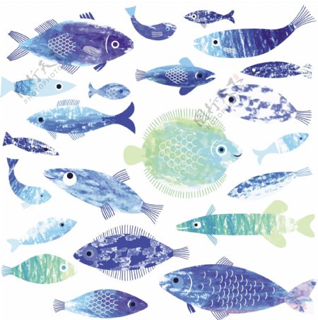 水彩绘时尚蓝色鱼类插画