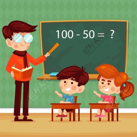 卡通课堂上的老师和儿童矢量图
