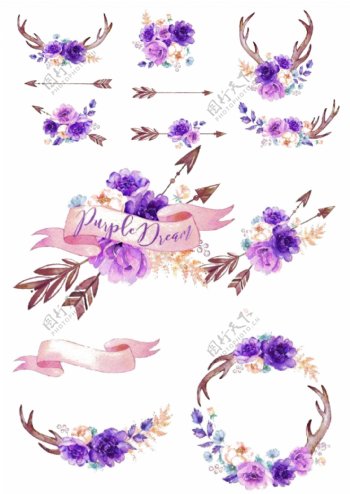 手绘水彩紫色植物花朵花环素材海报psd分层