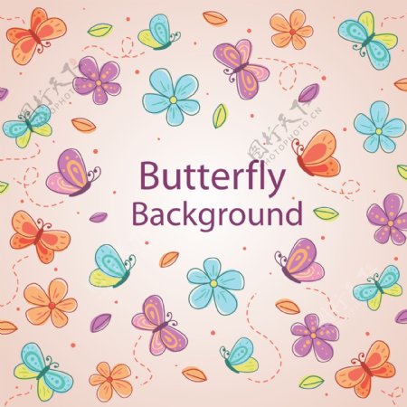 彩绘蝴蝶和花朵无缝背景矢量图