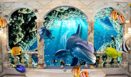 拱门3D海豚背景墙