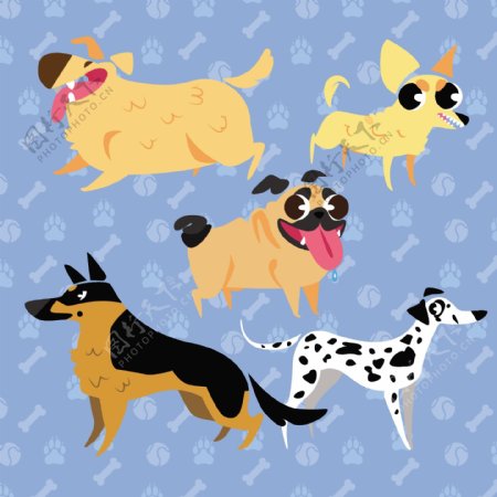 卡通创意可爱五只小狗设计素材