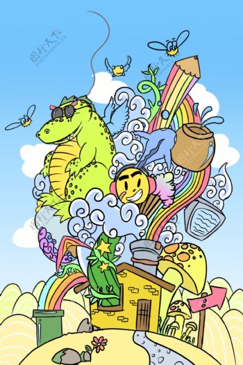 创意卡通彩虹城堡恐龙儿童节背景图