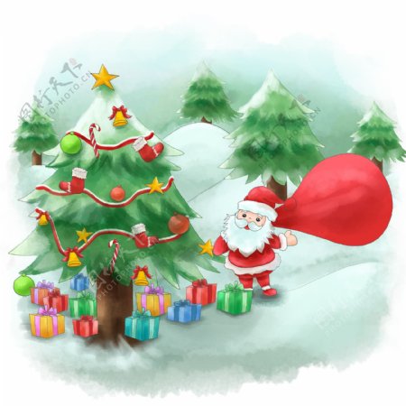 圣诞节场景雪山上圣诞树边的圣诞老人和礼物