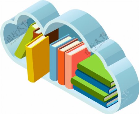 2.5D蓝色云朵形状的书架和书籍原创元素