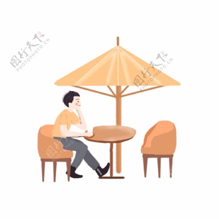 遮阳伞下喝咖啡的男人卡通元素