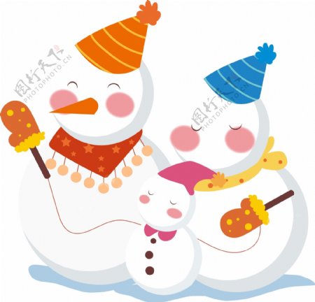 手绘卡通冬季快乐幸福的雪人一家人全家福