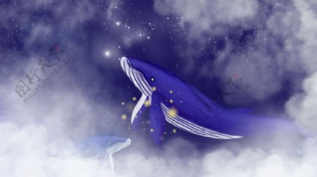 白云中若隐若现的蓝色鲸鱼卡通背景