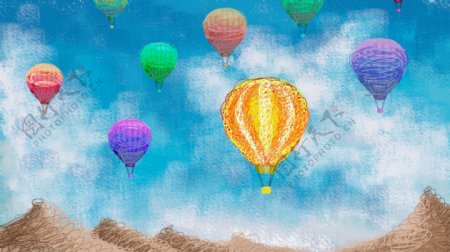 彩色上升的彩色热气球卡通背景