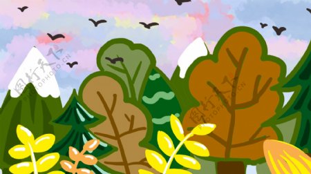 五彩天空中的燕子彩色叶子卡通背景