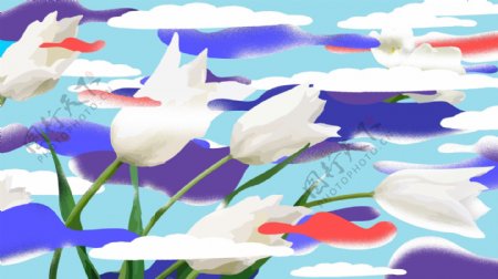 白色花朵五彩祥云背景
