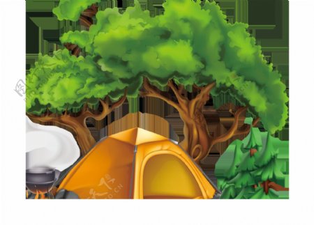 手绘绿色大树下的帐篷png元素