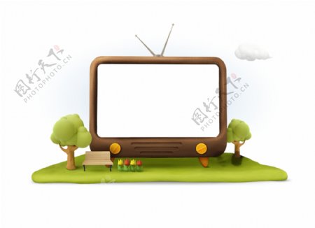 卡通电视绿树草坪png元素