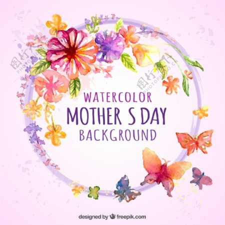 水彩绘母亲节花环和蝴蝶矢量素材