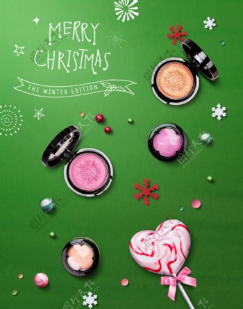 绿色圣诞节bb霜棒棒糖促销海报设计