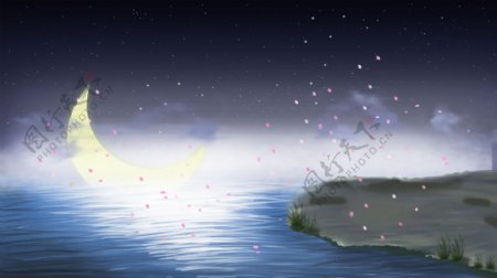 唯美海上升明月花瓣背景素材