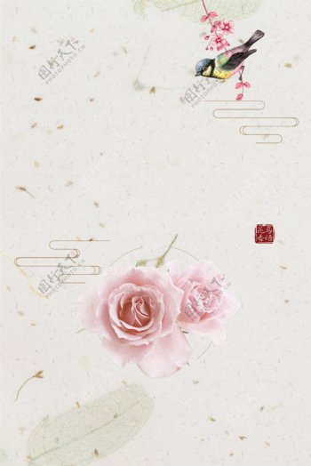 唯美粉色玫瑰花朵小鸟背景素材