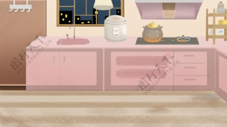 温馨粉色橱柜厨房背景