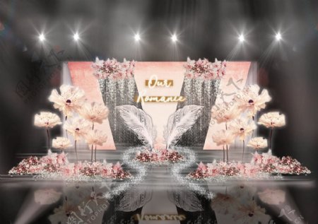 粉色立体镂空隔段背景花艺瀑布婚礼效果图