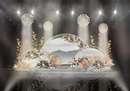 古典江南半圆水墨画竹子镂空装饰婚礼效果图