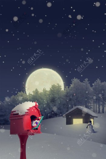 冬季浪漫的雪地小屋海报背景