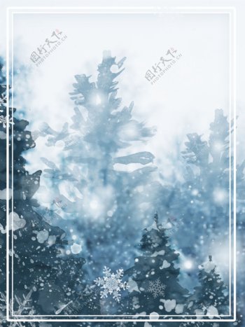 全原创手绘风下雪天梦幻树林雪景背景