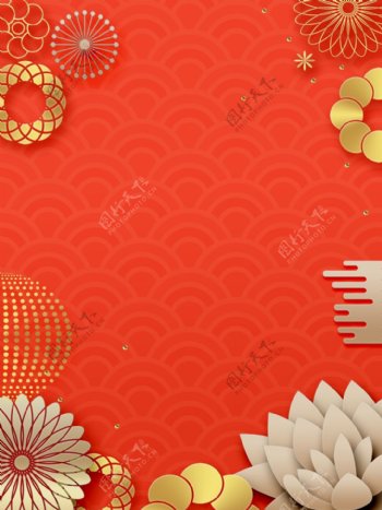 红色清新新年剪纸立体花朵背景