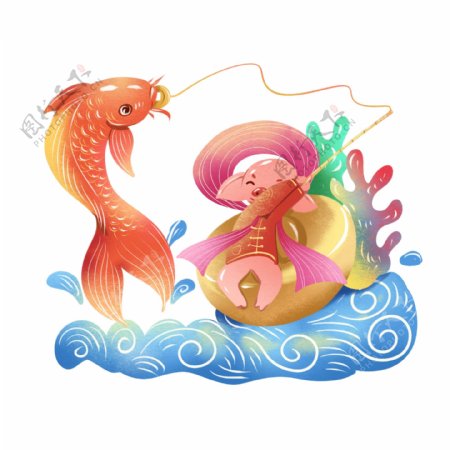 2019春节猪年插画年年有鱼元素商用喜庆新年春节生肖猪