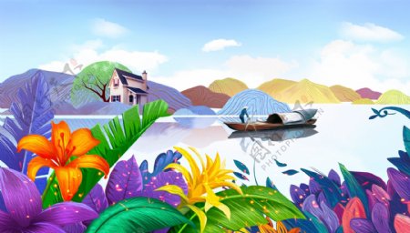 彩绘花丛湖面船只壁纸背景素材